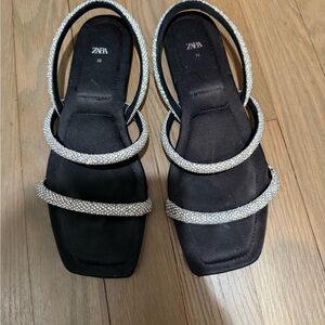 Zara Women's Black Sandals with Glittering Silver Trim